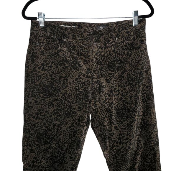 AG Adriano Goldschmied Farrah Skinny Ankle Velvet Jeans Green Leopard Cheetah - Picture 2 of 6